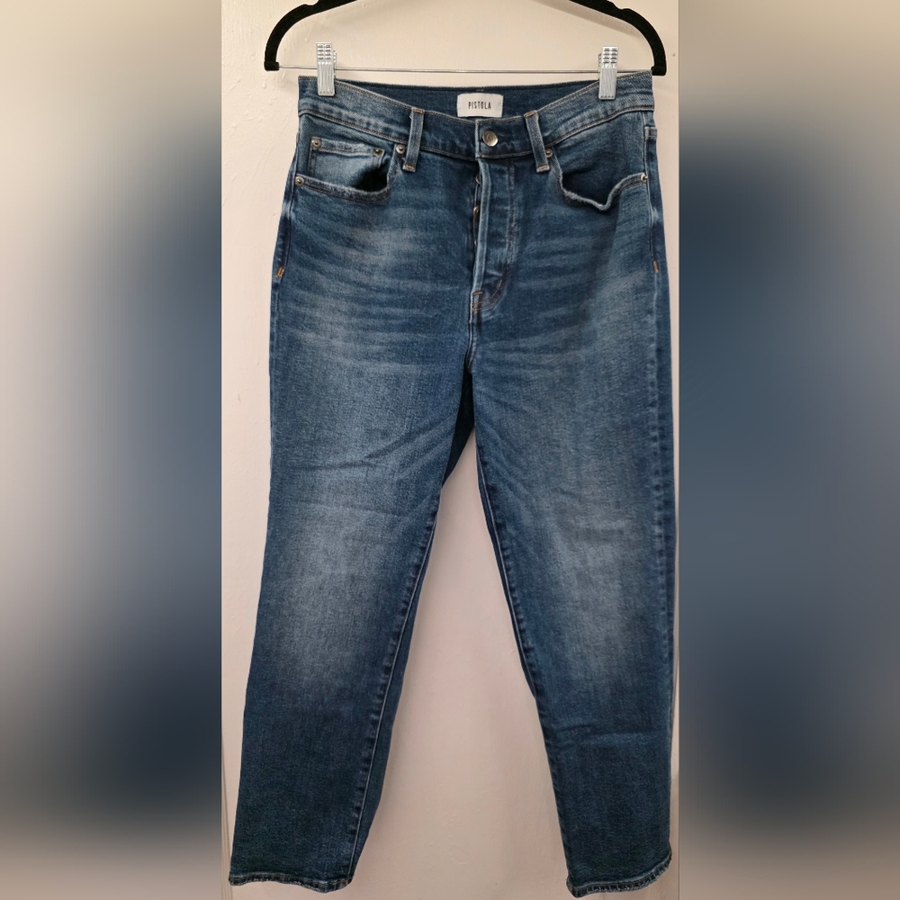 Pistola Uptown Jeans 29 Button Fly Cropped Straight Leg Medium Wash Denim